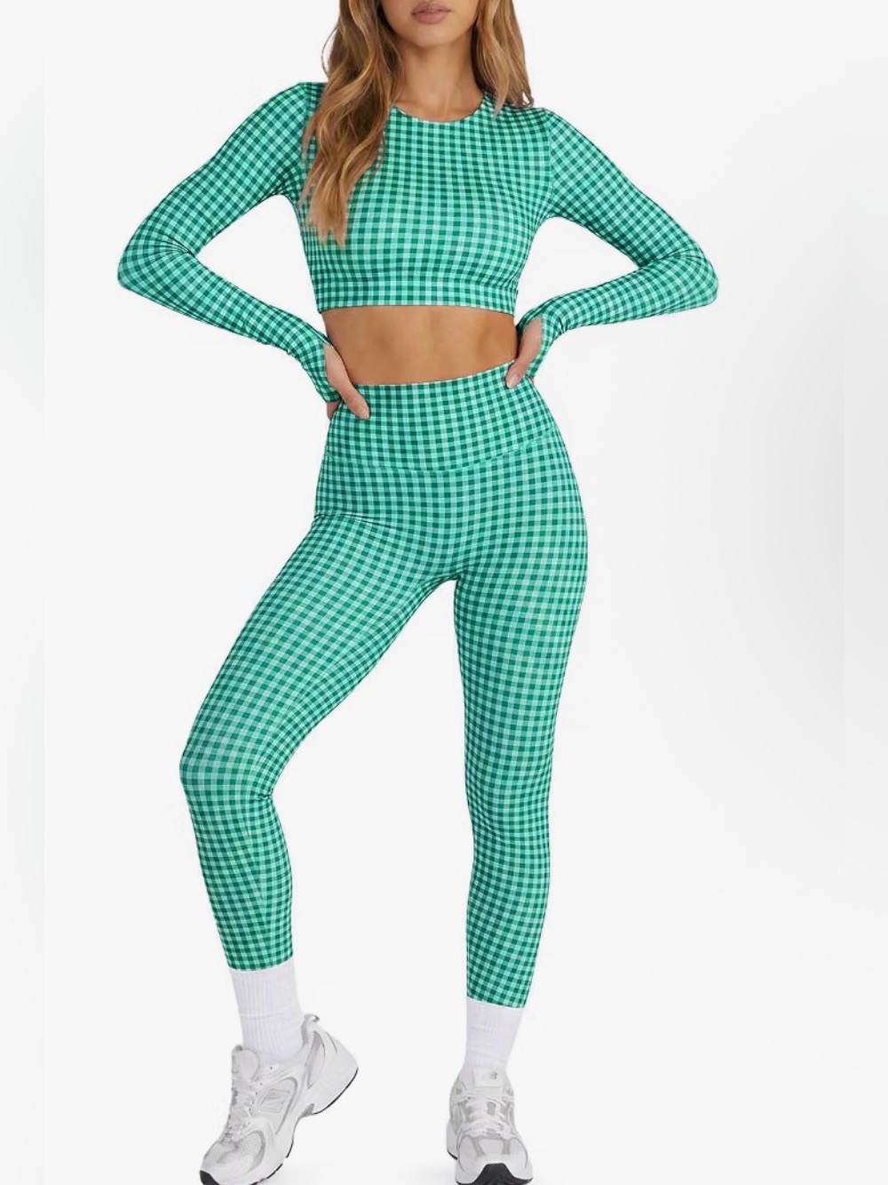 Seamless High-Waist Leggings Set in Teal Gingham